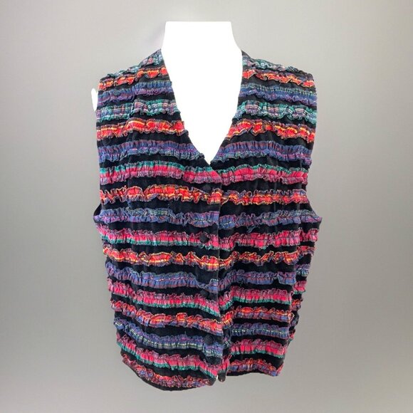 VTG Tantrums Ruffled Applique Velvet Vest Size L Colorful Boho Coachella Teacher - Picture 1 of 10